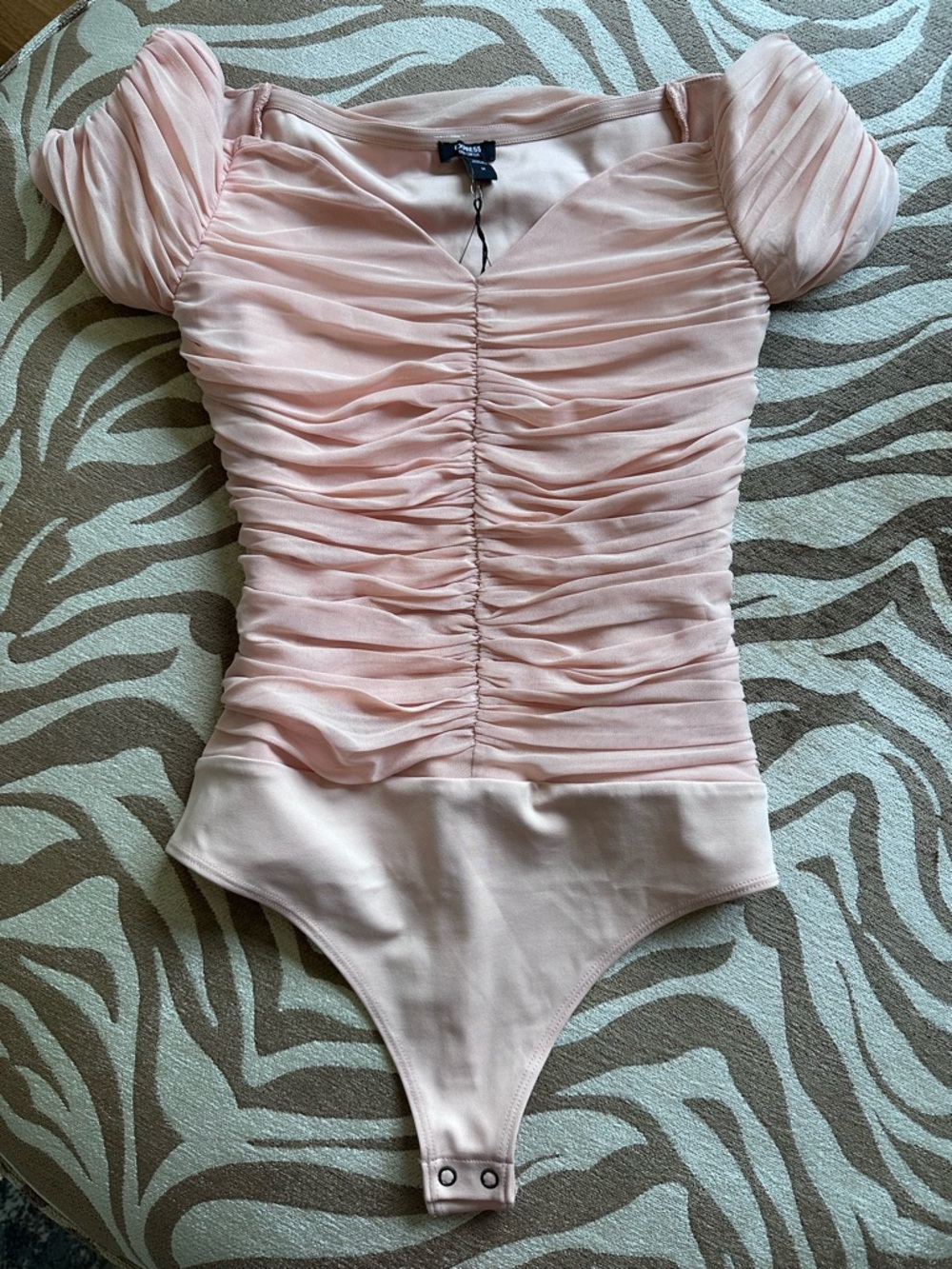 NWT Express Light Peach Ruched Puff-Sleeve One-Piece Bodysuit